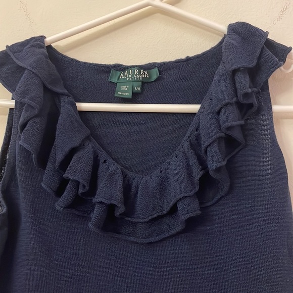 100% Silk Lauren Ralph Lauren Ruffle Sleeveless Tank Top PM EUC Navy Blue CUTE - Picture 5 of 15